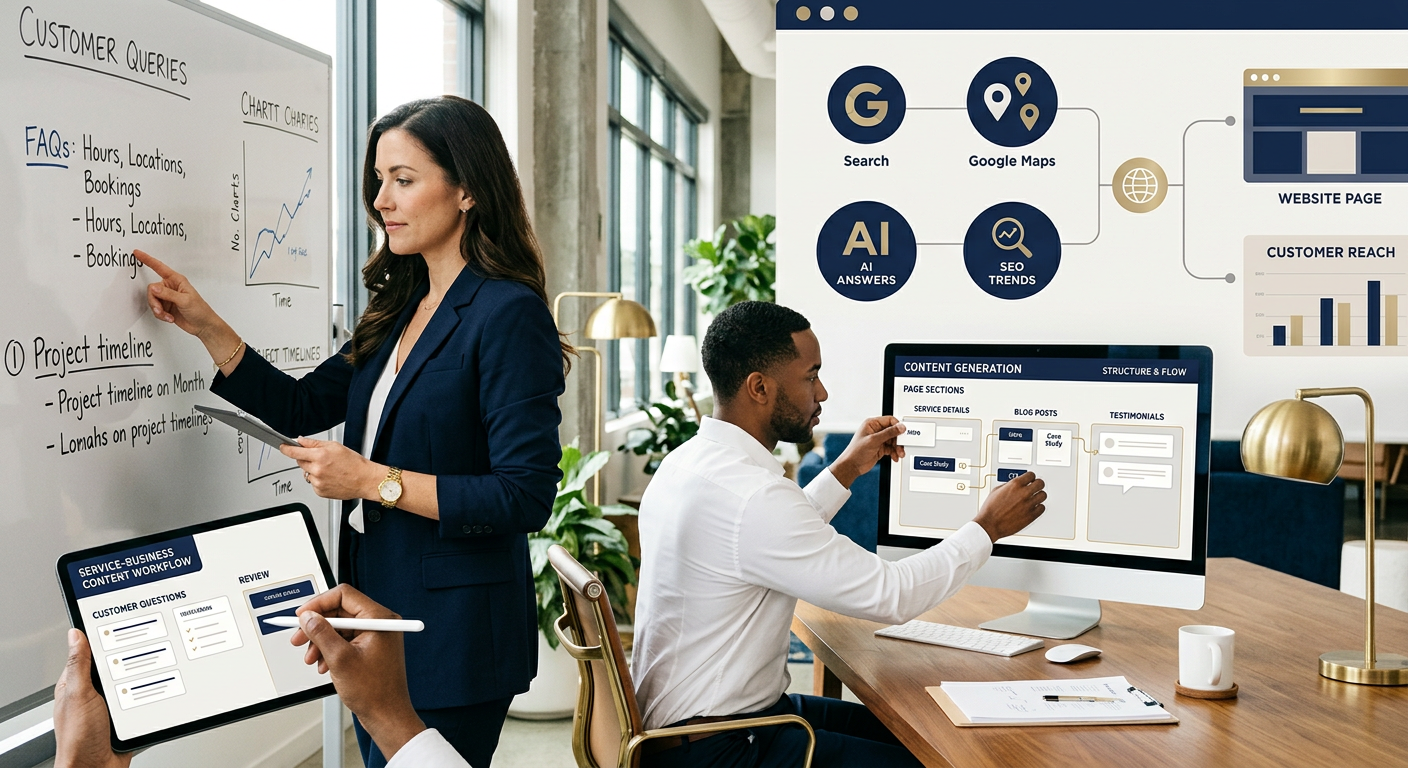 A modern editorial illustration of a service-business content workflow, with a business owner reviewing customer questions...