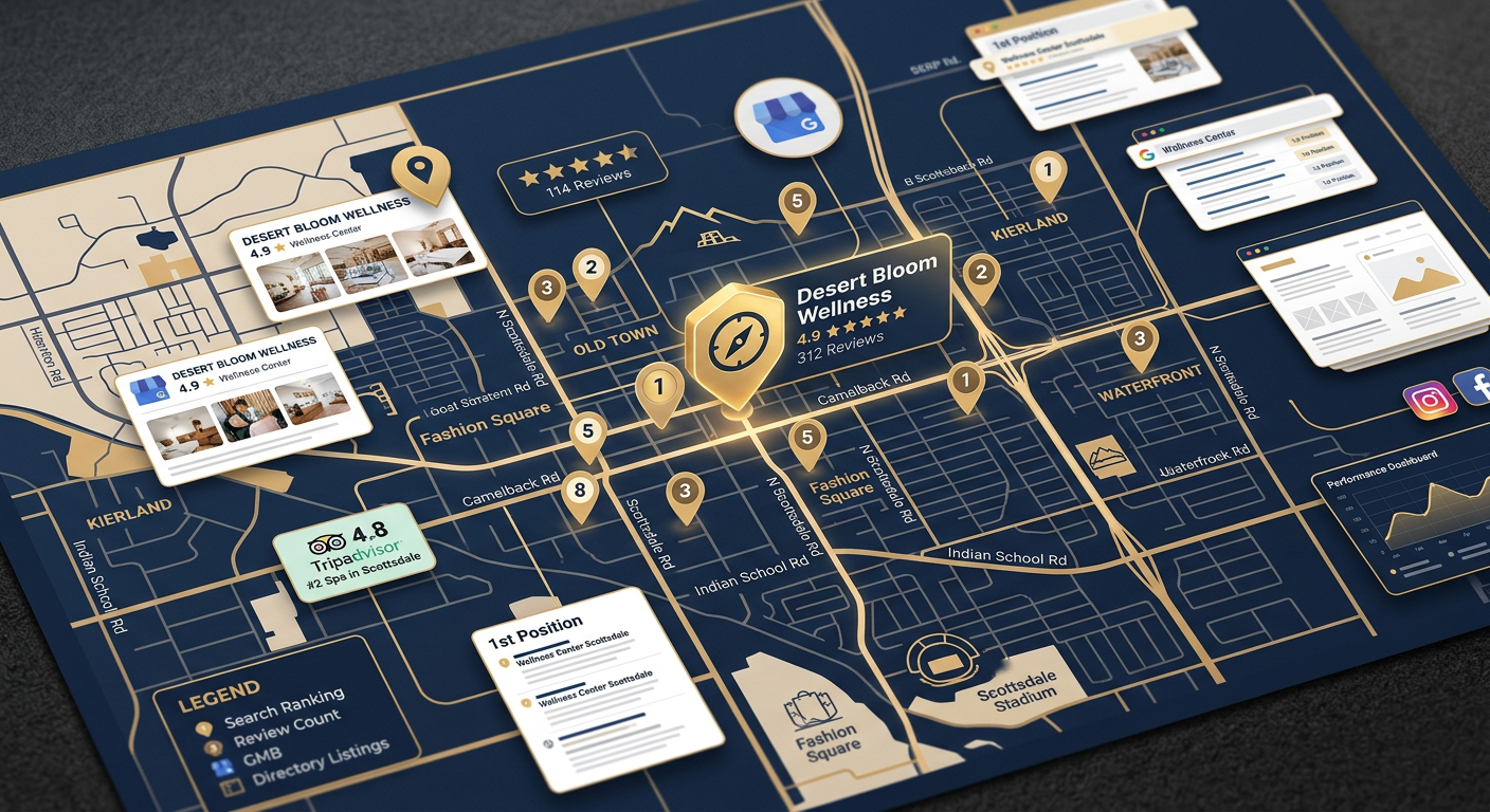 Modern illustrative local visibility scene showing a Scottsdale map grid with one business location surrounded by varied r...