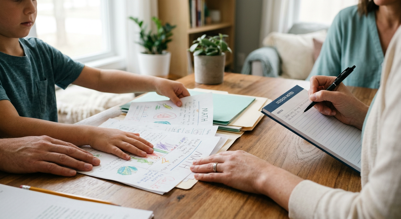 Professional, photorealistic close-up of a child’s hands organizing school papers beside a parent’s supportive hand and a ...