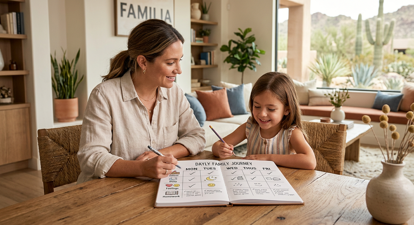 Gentle editorial illustration of a five-day family observation notebook with simple icons for school, sleep, feelings, and...