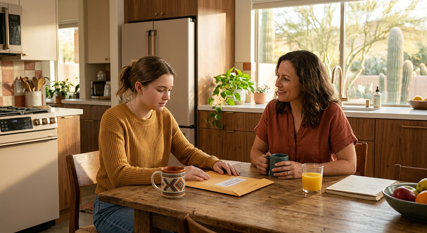 Warm, realistic illustration of a teenager at a kitchen table with an unopened school assignment, while a parent sits near...