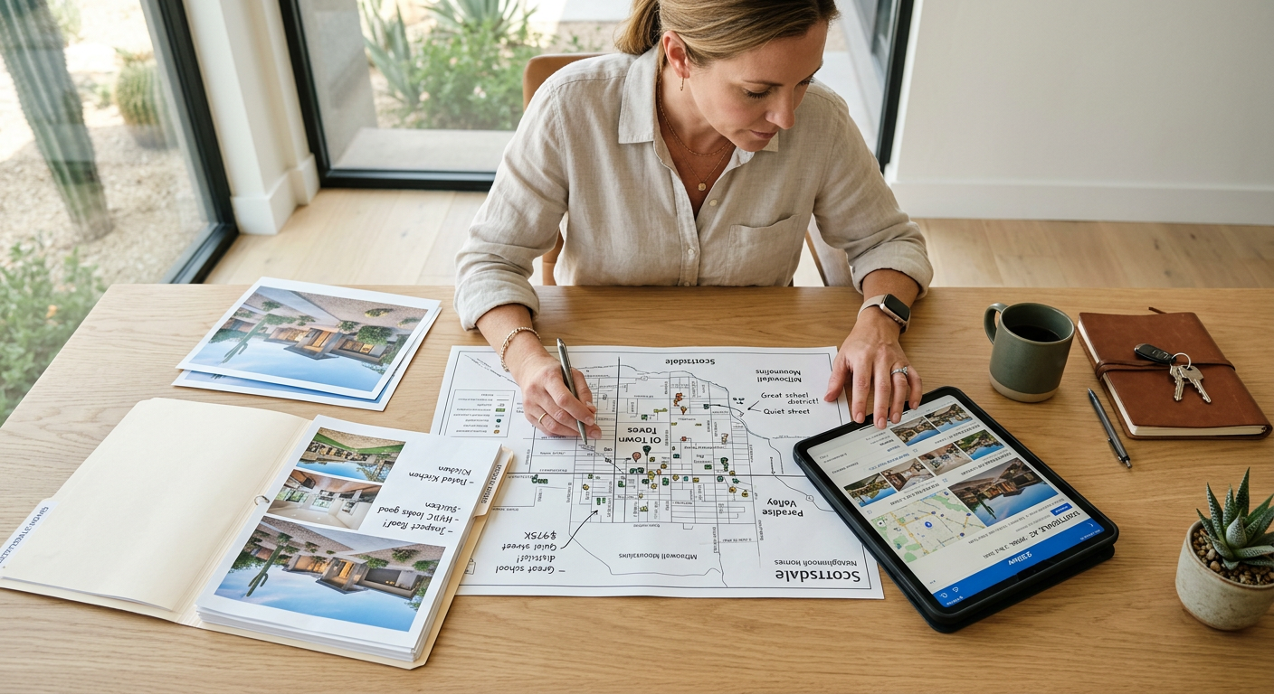 Zillow Scottsdale Alternatives for Better Scottsdale Home Search| Realtors in Park Scottsdale | 85250 Real Estate Agents Photorealistic overhead view of a Scottsdale buyer comparing a neighborhood map, property photos, inspection notes, and a ...
