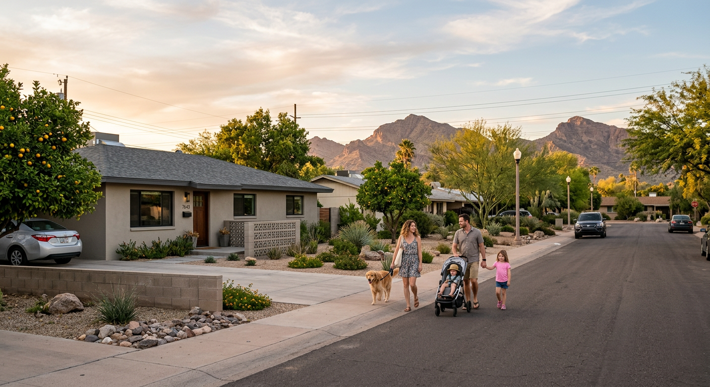 Zillow Scottsdale Alternatives for Better Scottsdale Home Search| Realtors in Park Scottsdale | 85250 Real Estate Agents Photorealistic late-afternoon streetscape in Park Scottsdale, featuring a renovated single-story ranch home, mature citrus...