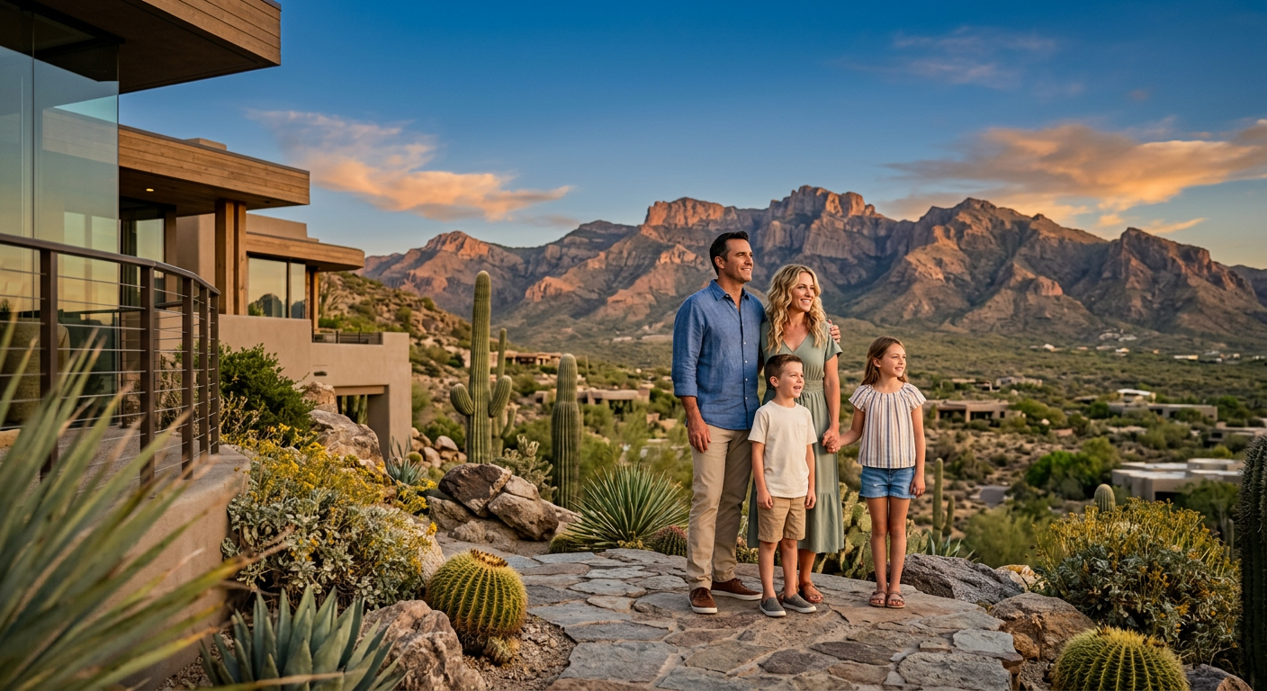 Best Family Neighborhoods in Scottsdale for Busy Family Life| Realtors in Park Scottsdale | 85250 Real Estate Agents Photorealistic family standing at a North Scottsdale overlook near a modern desert home, parents and two children looking ...
