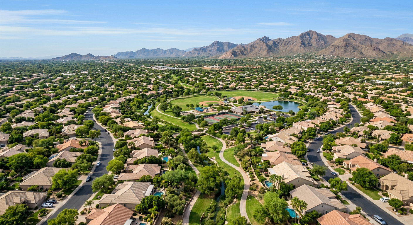 Best Family Neighborhoods in Scottsdale for Busy Family Life| Realtors in Park Scottsdale | 85250 Real Estate Agents Photorealistic aerial view of central Scottsdale showing a leafy residential neighborhood, winding greenbelt paths, a near...