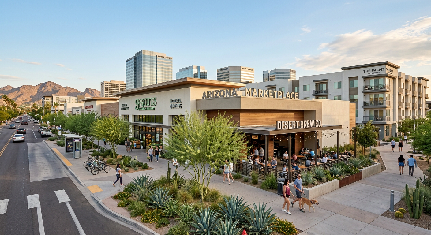Phoenix Commercial Real Estate Trends: 2026 Outlook for Phoenix Photorealistic street-level scene in a growing Phoenix mixed-use district, with a grocery-anchored retail center, pedestri...