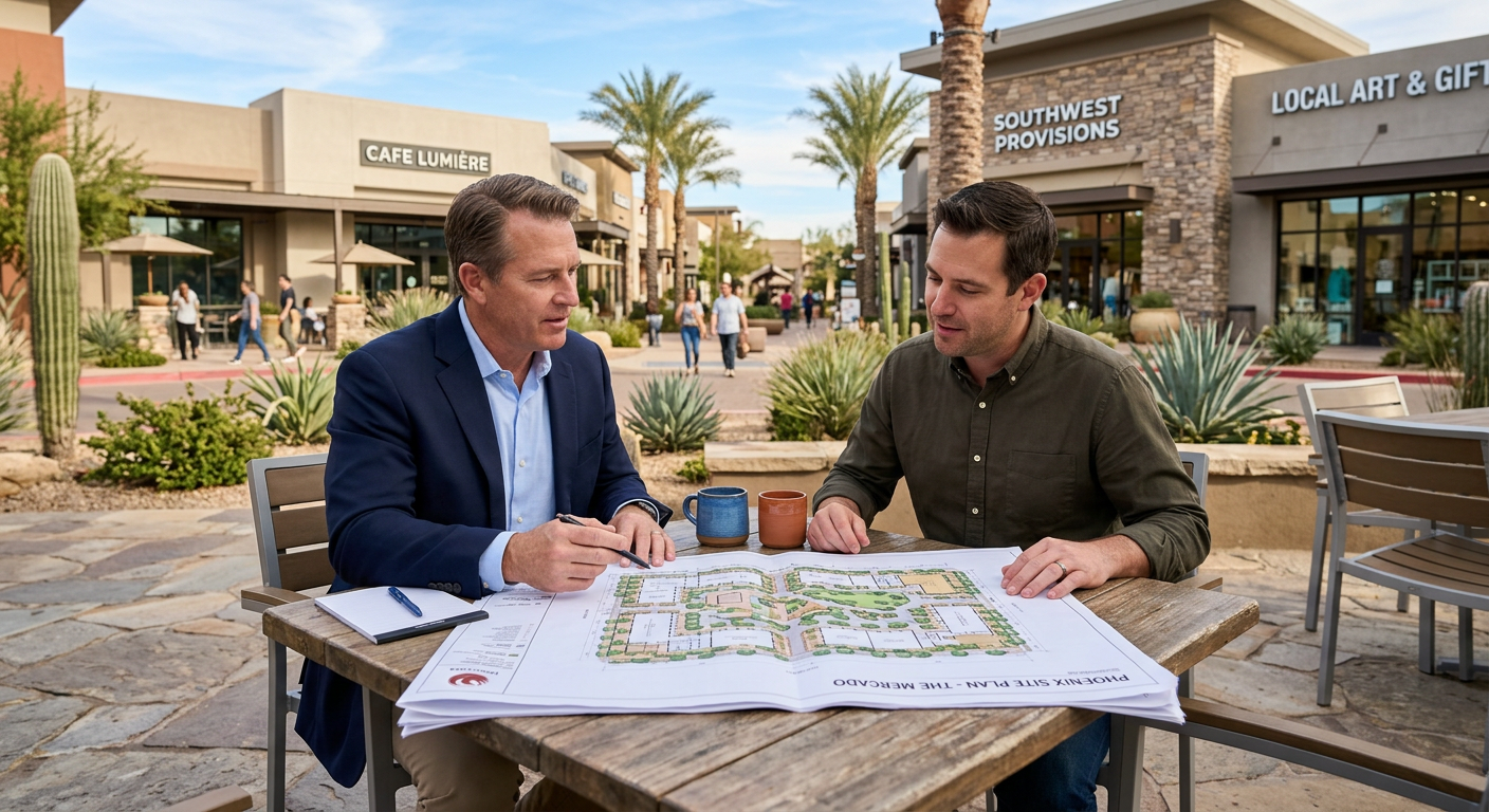 Phoenix Commercial Real Estate Trends: 2026 Outlook for Phoenix Photorealistic investor and local business owner reviewing a Phoenix site plan at an outdoor table, with a walkable retail...