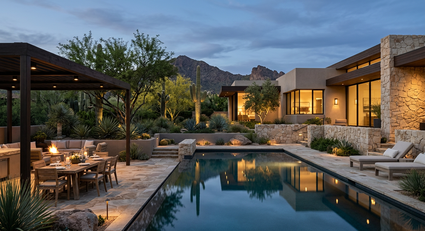 Photorealistic completed Paradise Valley outdoor living space connected to a contemporary custom home, showing layered des...