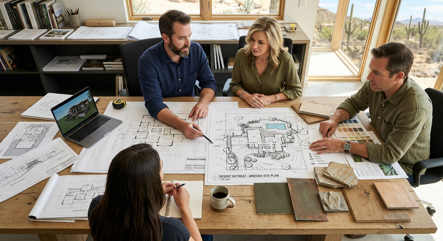 Photorealistic overhead view of an Arizona custom home design meeting, showing an architect, landscape architect, and home...