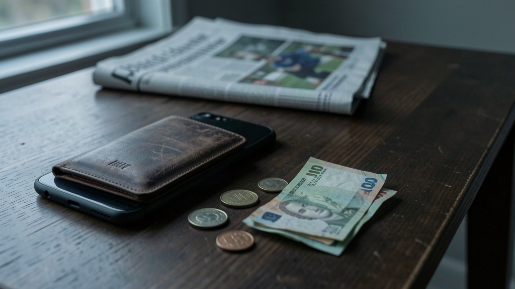 Smartphone appoggiato su un tavolo accanto a monete, banconote e un quotidiano sportivo