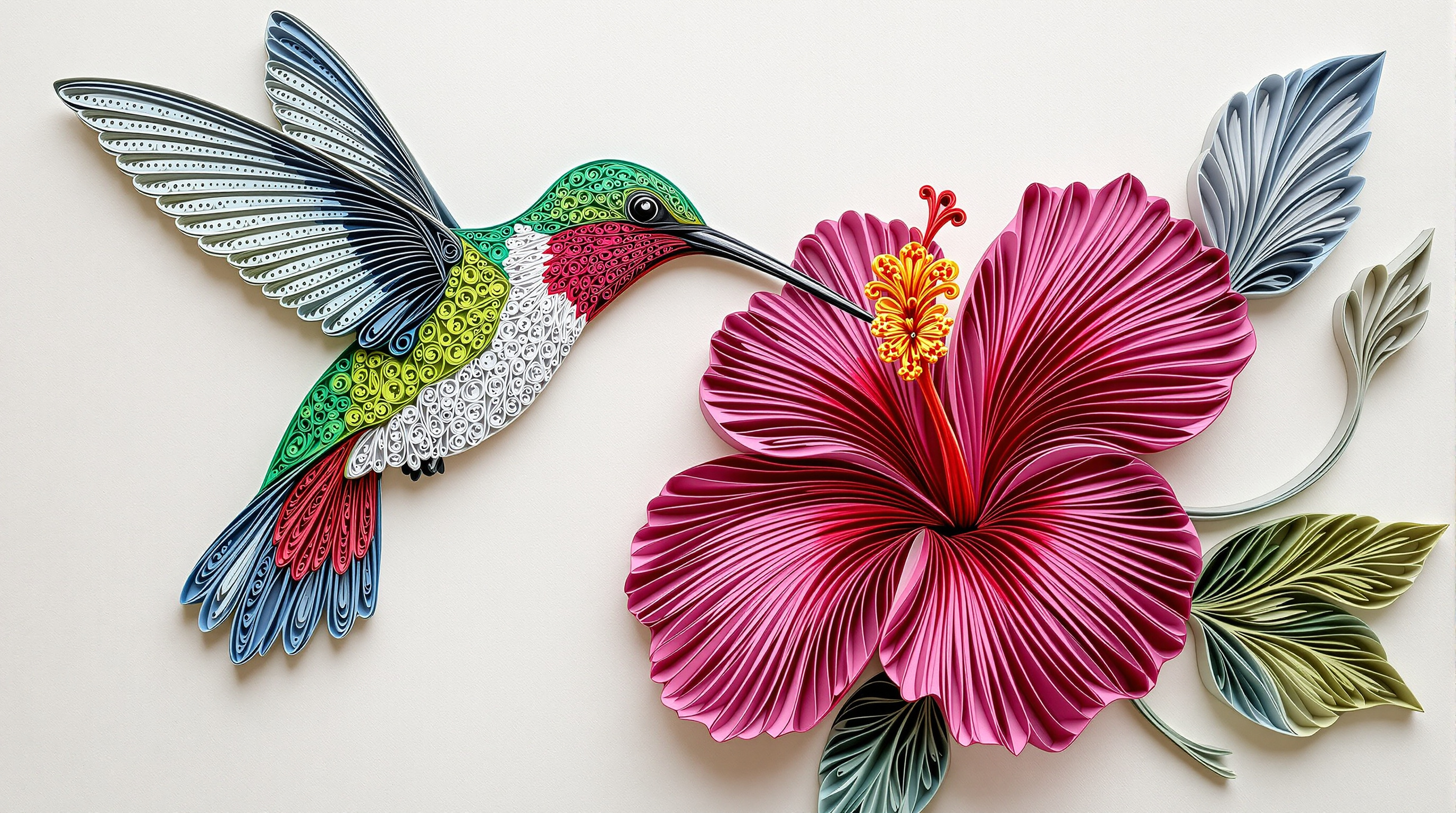 Paper Quilling Portrait of a Hummingbird and Hibiscus