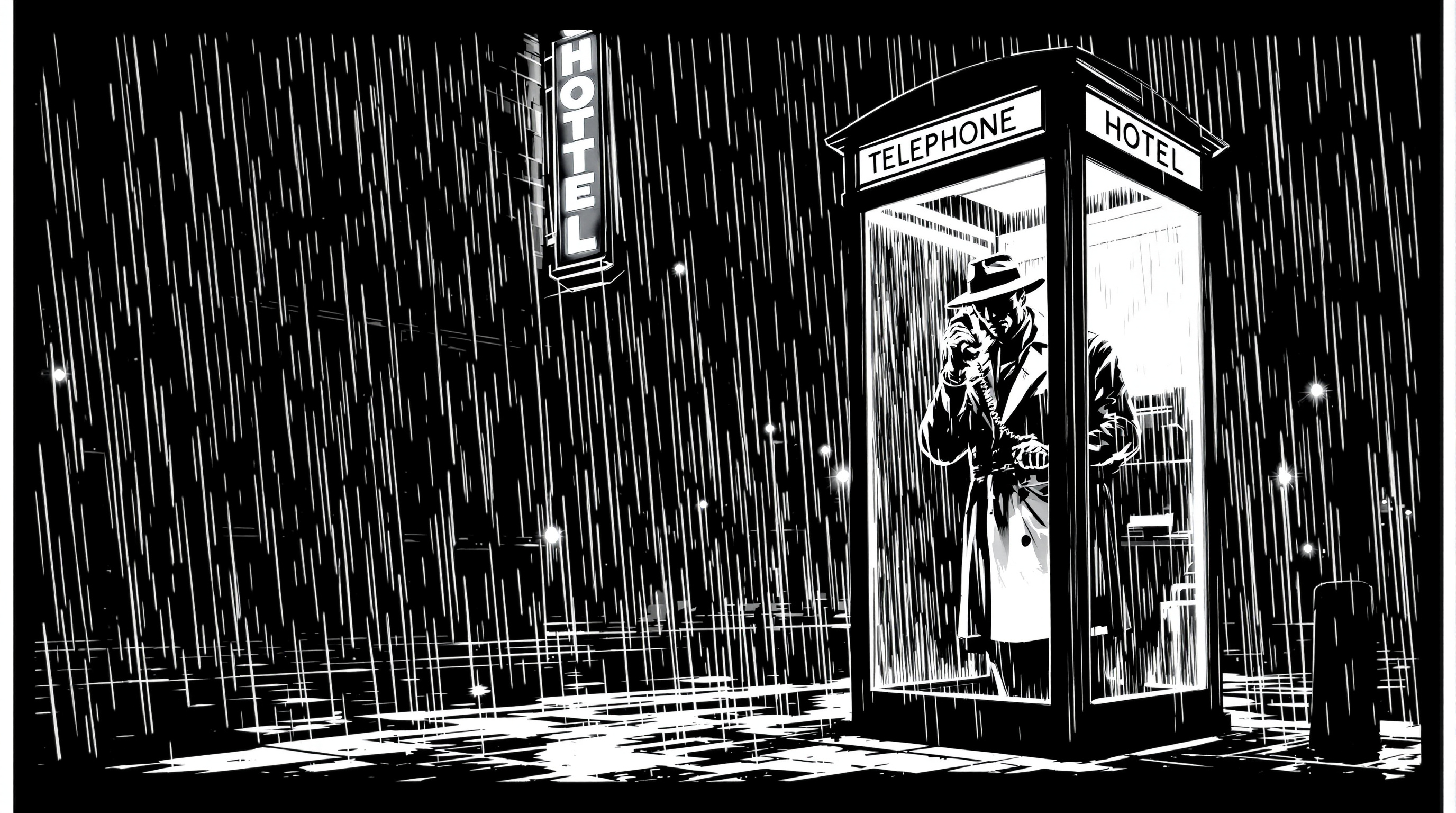 Noir Comic Panel of a Detective in a Rain-Soaked Phone Booth