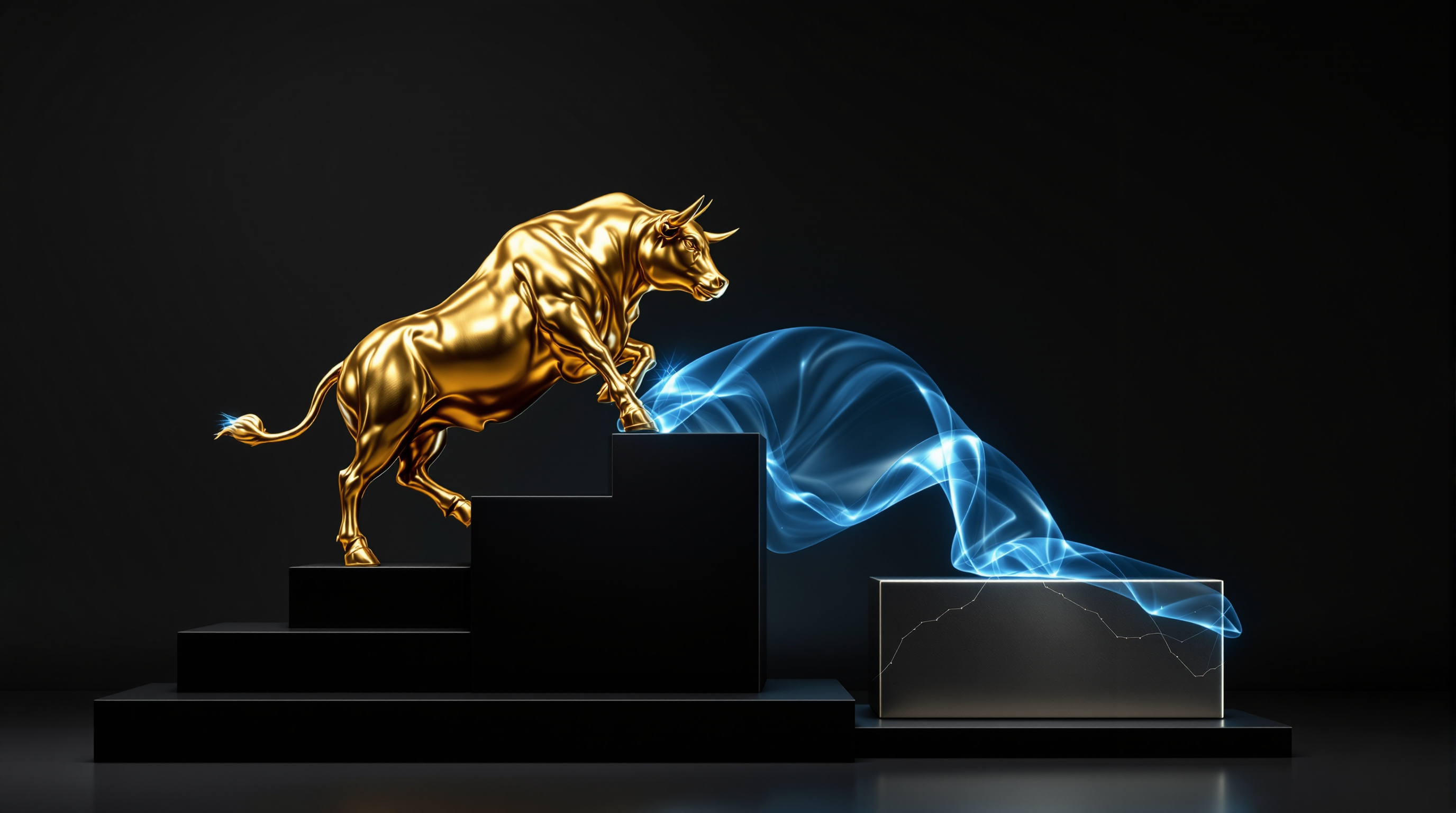 gilded bull sculpture on stepped black plinths, with a translucent silver-blue ribbon and a tilted matte-silver block — editorial cover artwork for the Knightron story on Stocks Hit Record As AI Bets Revive; Gold Surges On Dollar W