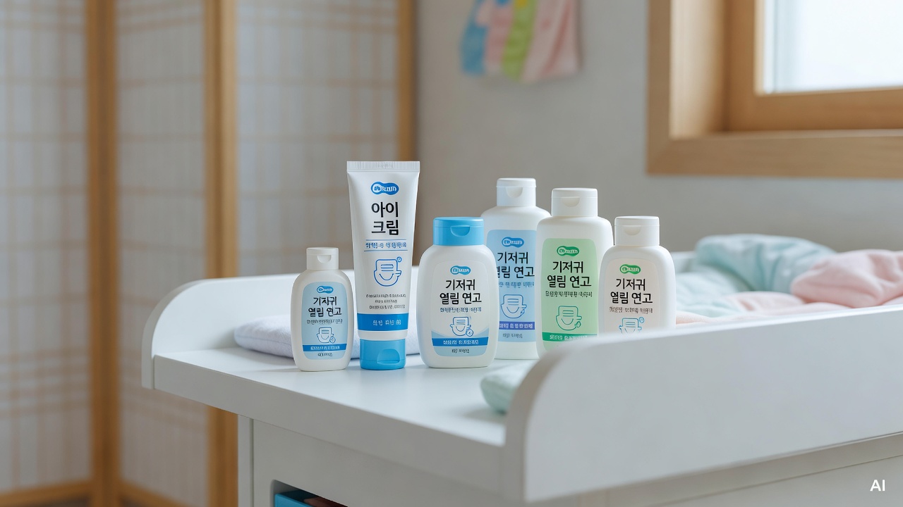 zinc oxide baby cream tube and diaper rash ointment bottles arranged on a white changing table shelf