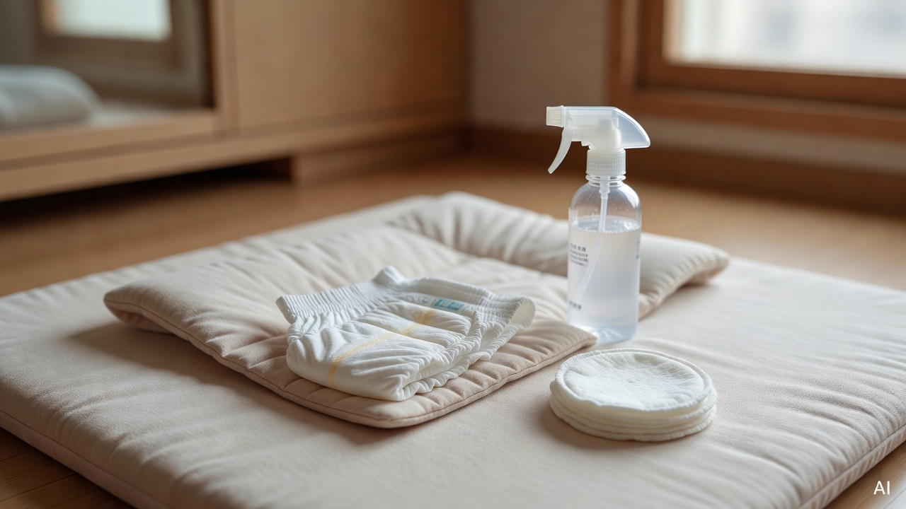 baby changing mat with diaper, water spray bottle, and cotton pads on a light beige surface