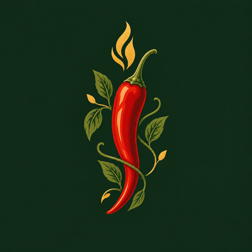 Ember & Vine brand artwork featuring a stylized chili and flame illustration.