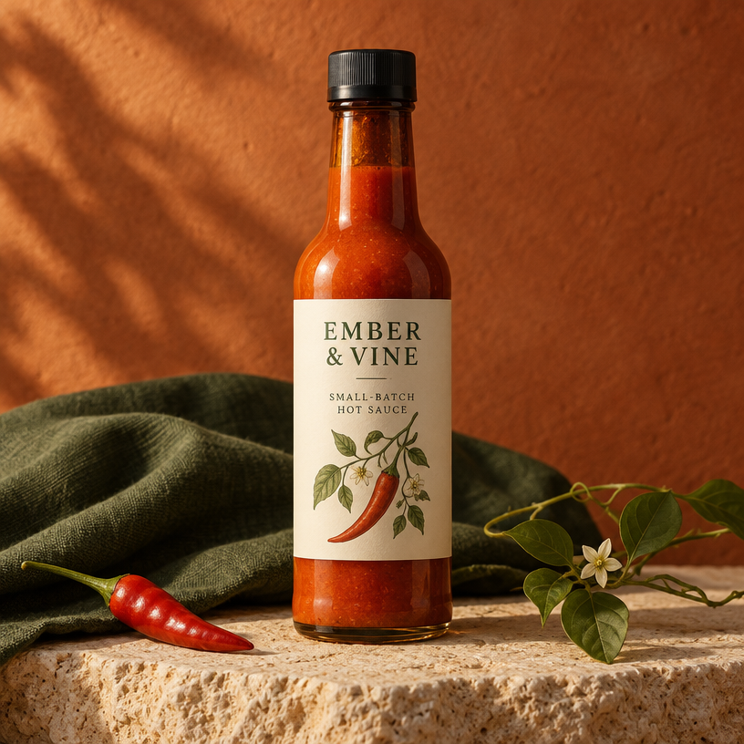 Generated product photograph of Ember & Vine small-batch hot sauce.