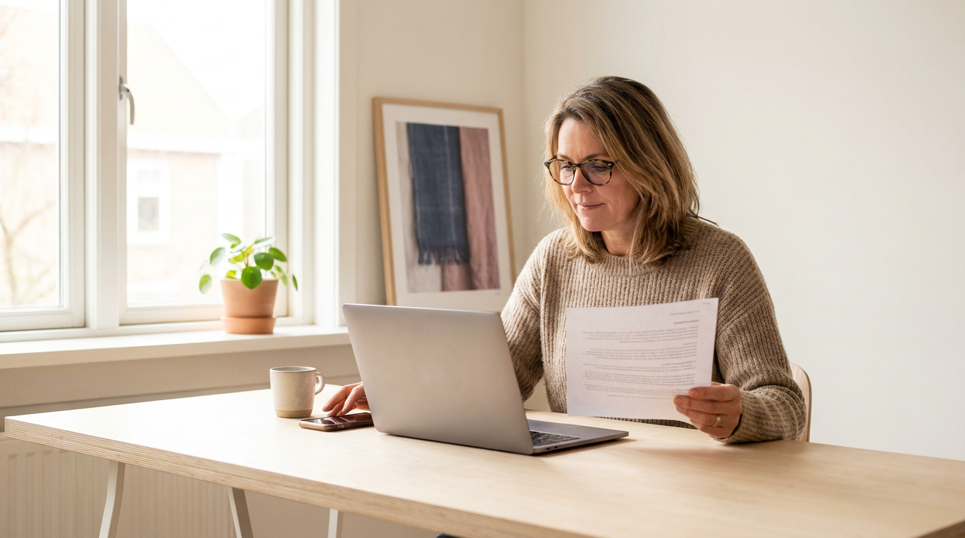 Ondernemer aan een bureau die een verstuurde offerte doorneemt op de laptop