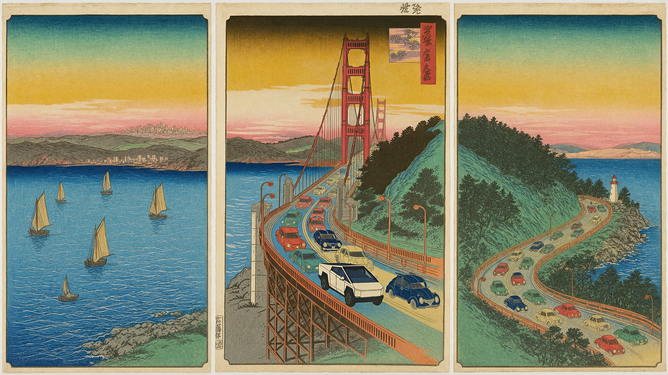 Krea image editing result: Woodblock Print Triptych