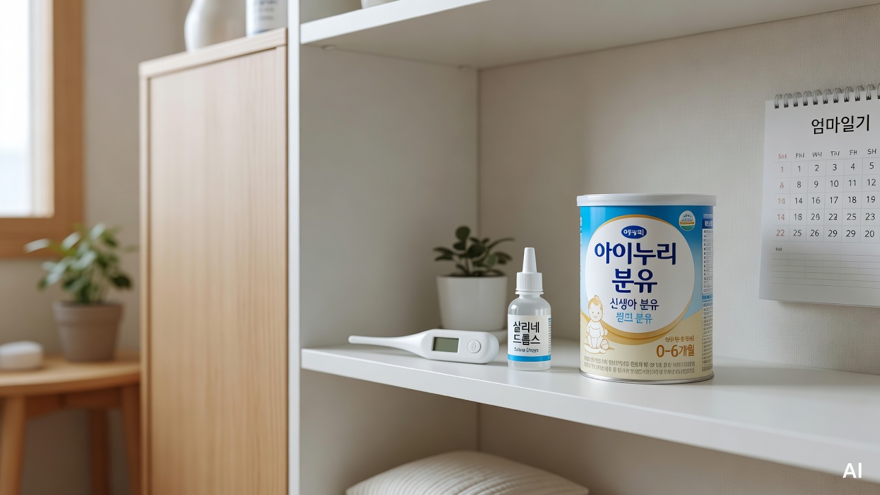 baby care essentials arranged on a white shelf — thermometer, saline drops, baby formula — no person visible