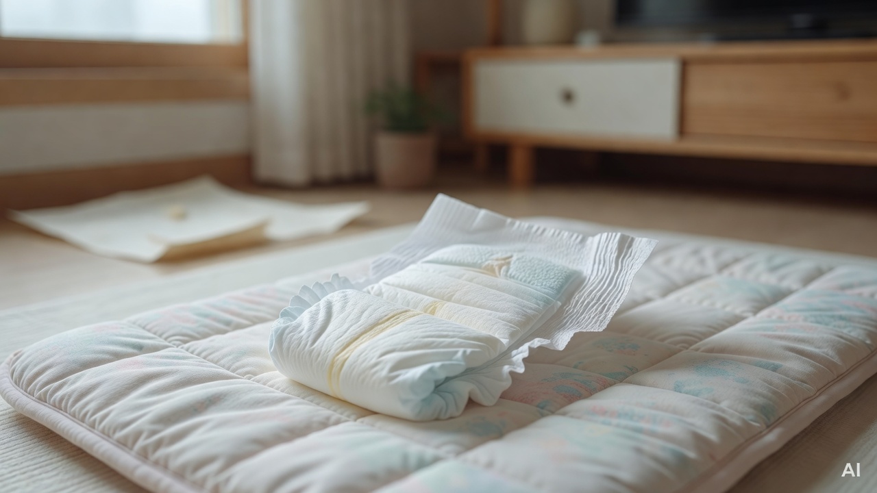 close-up of baby diaper on a changing mat with soft natural light from a nearby window, no person visible