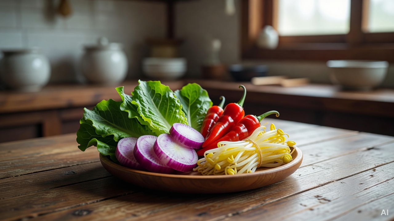 colorful vegetables arranged on a small wooden plate on a kitchen table