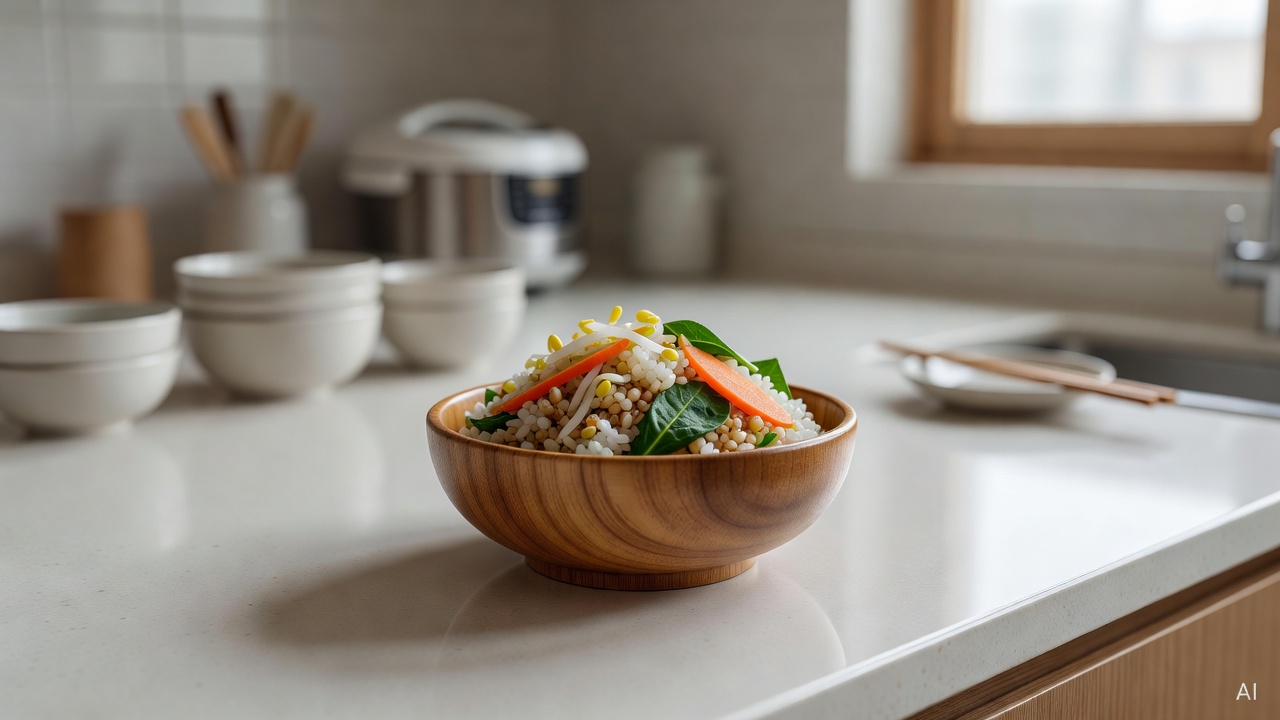 small wooden bowl with mixed grains and vegetables on a kitchen counter