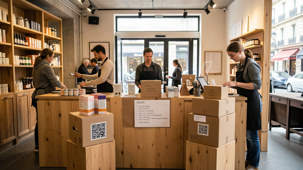 Comptoir de boutique éphémère avec parcours client matérialisé et produits préparés