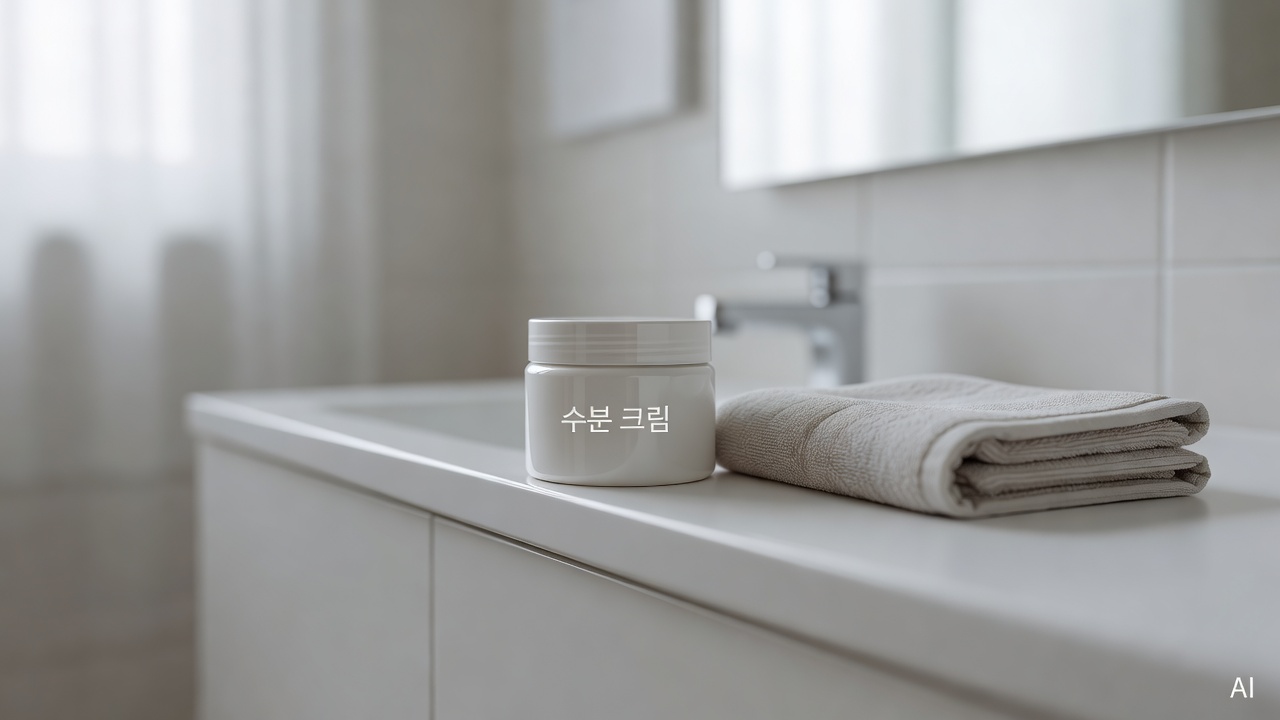 moisturizing cream jar and small towel placed on white bathroom shelf