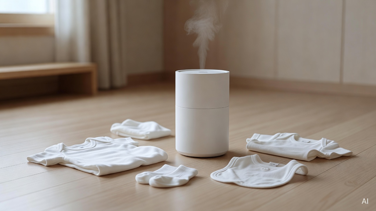 white humidifier and cotton children's clothing on a light wooden floor