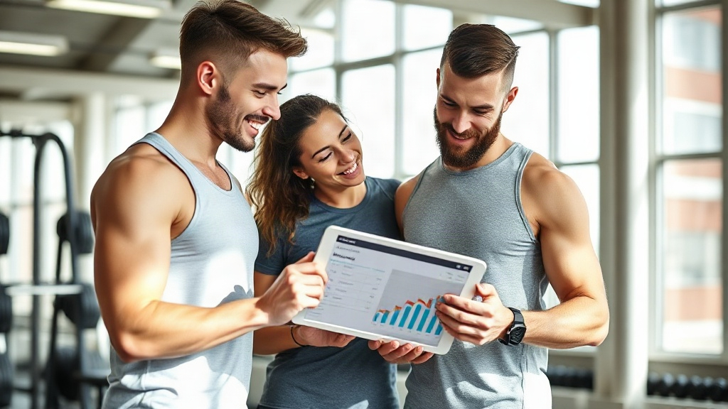 Personal trainer and client reviewing workout progress data on a tablet in a bright modern gym, coll