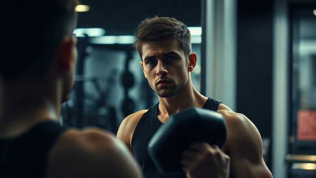 Focused young man looking confused at a gym mirror while holding a dumbbell, dim moody lighting, int