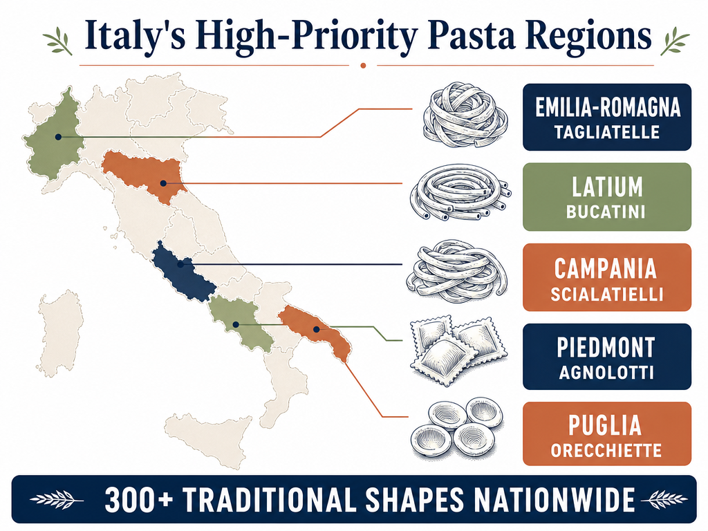 Infographic mapping Italy's five major pasta regions including Piedmont, Latium, and Puglia, with signature shapes like Agnolotti and Orecchiette.