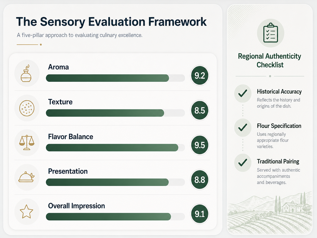 A sensory evaluation dashboard for tracking pasta, featuring score bars for aroma, texture, flavor balance, presentation, and overall impression.