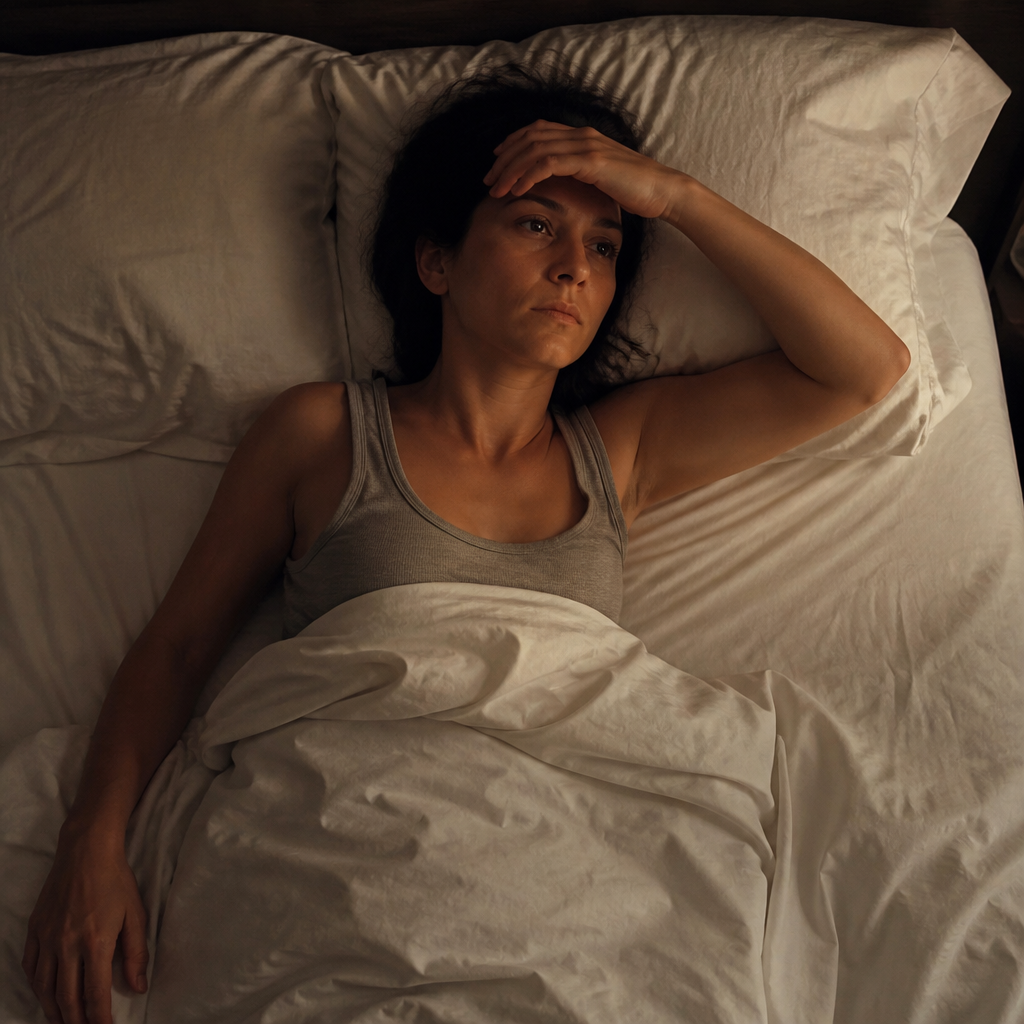 Woman with fibromyalgia lying uncomfortably in bed, showing pressure sensitivity across her body