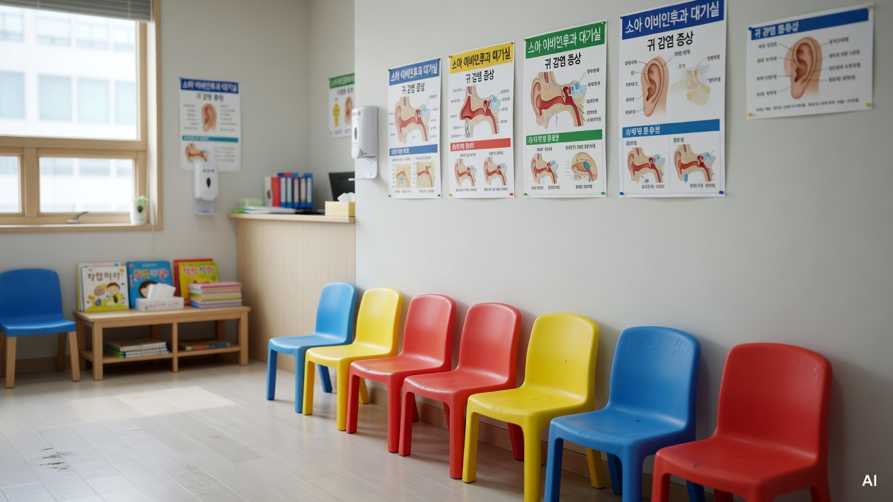 pediatric ENT clinic waiting room with children's chairs and medical posters on the wall