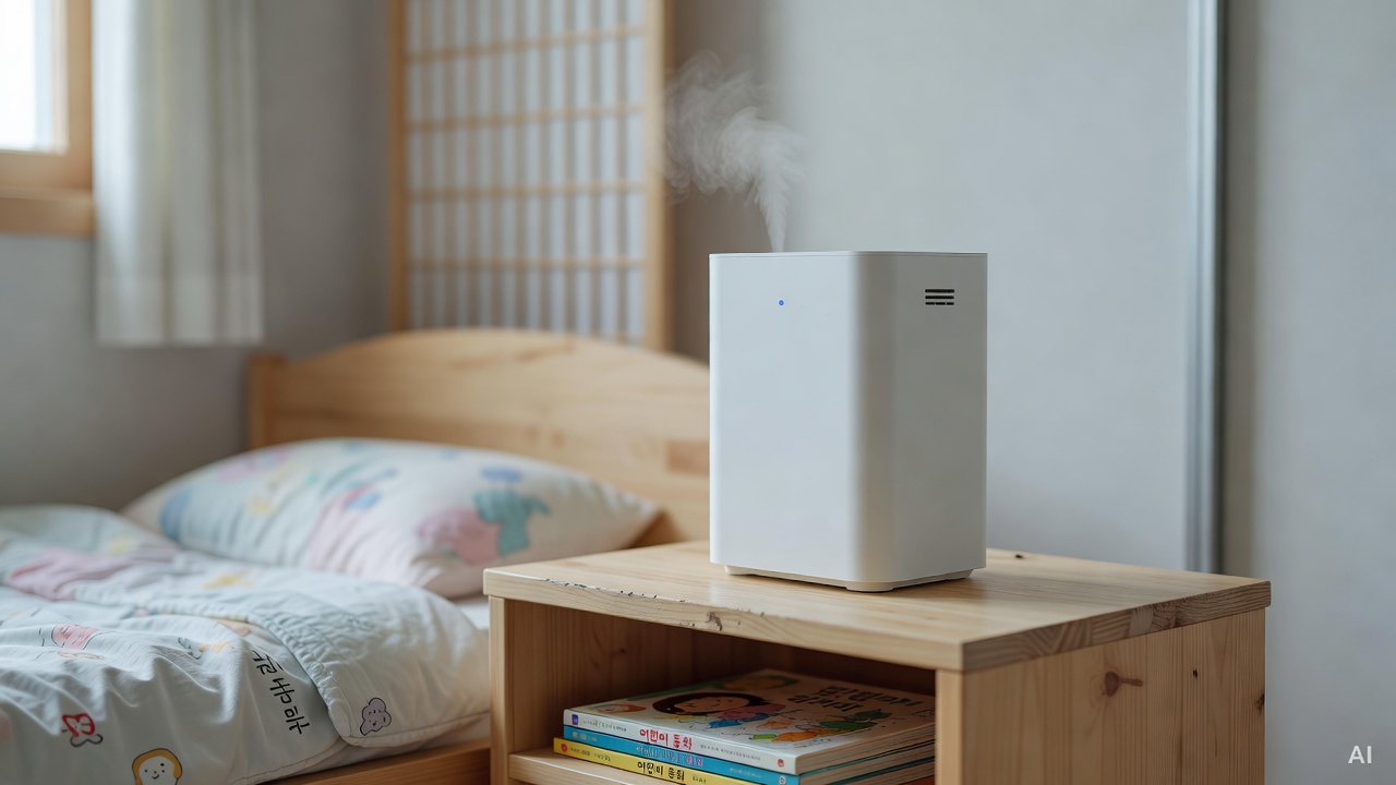 close-up of a child's bedroom with a white humidifier on a wooden nightstand