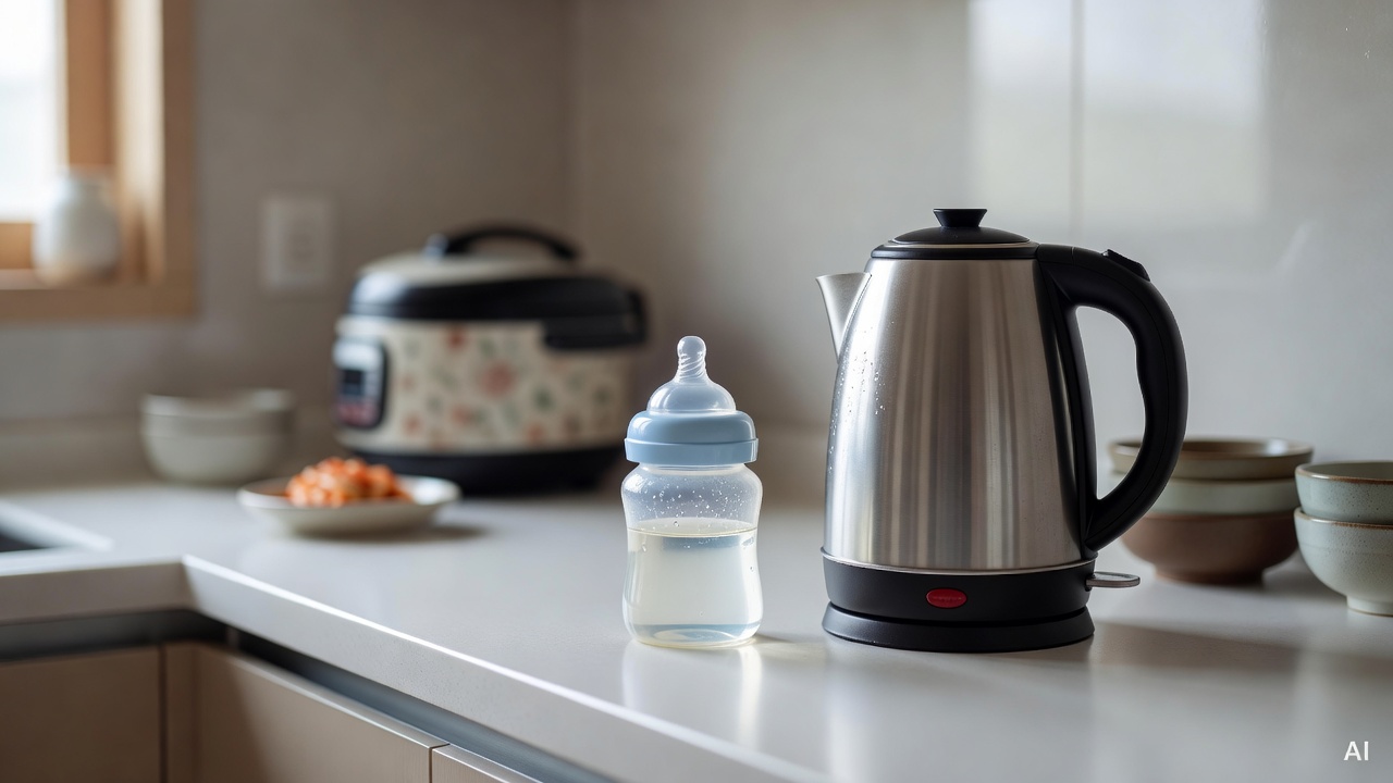electric kettle next to a baby bottle on a white kitchen counter