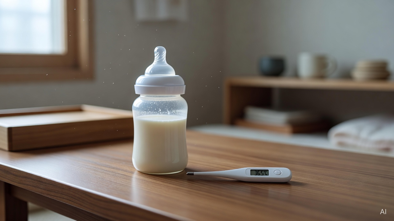baby bottle with prepared formula next to a digital thermometer on a wooden table