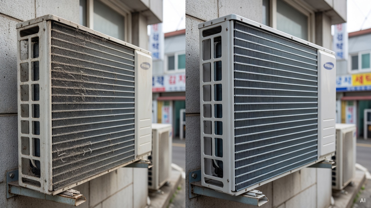 close-up of dusty air conditioner fin panel before and after cleaning