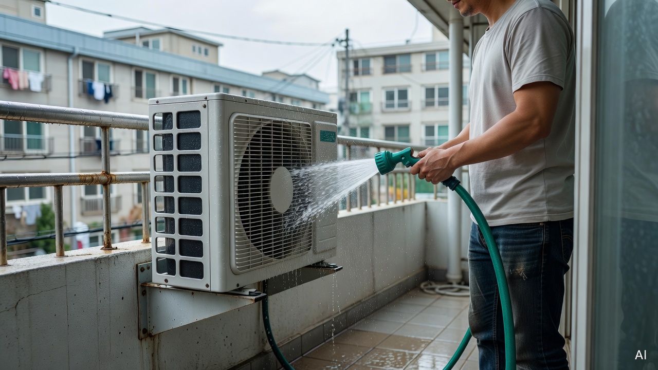 outdoor air conditioner unit being cleaned with water hose on apartment balcony