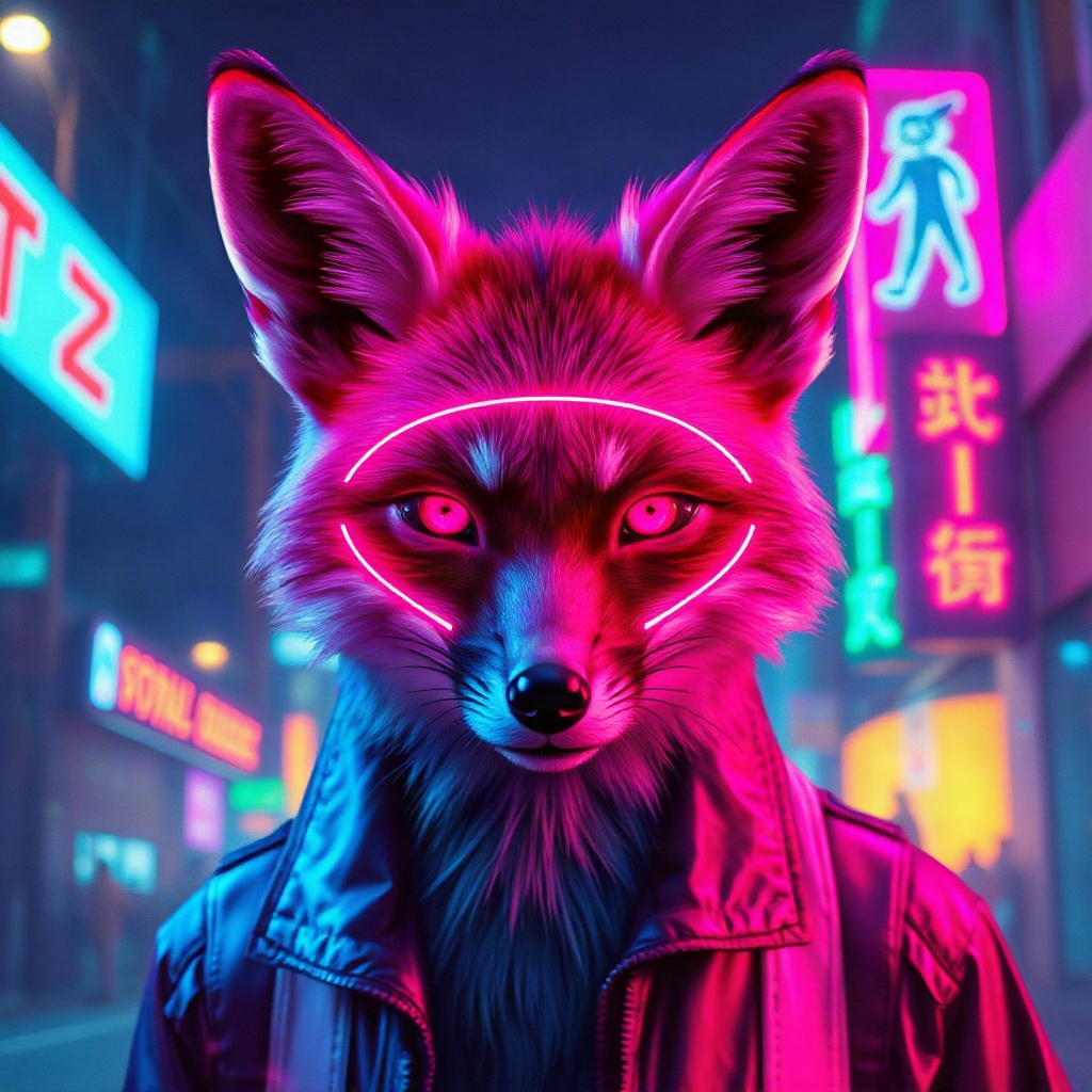 a vibrant neon cyberpunk fox, cinematic