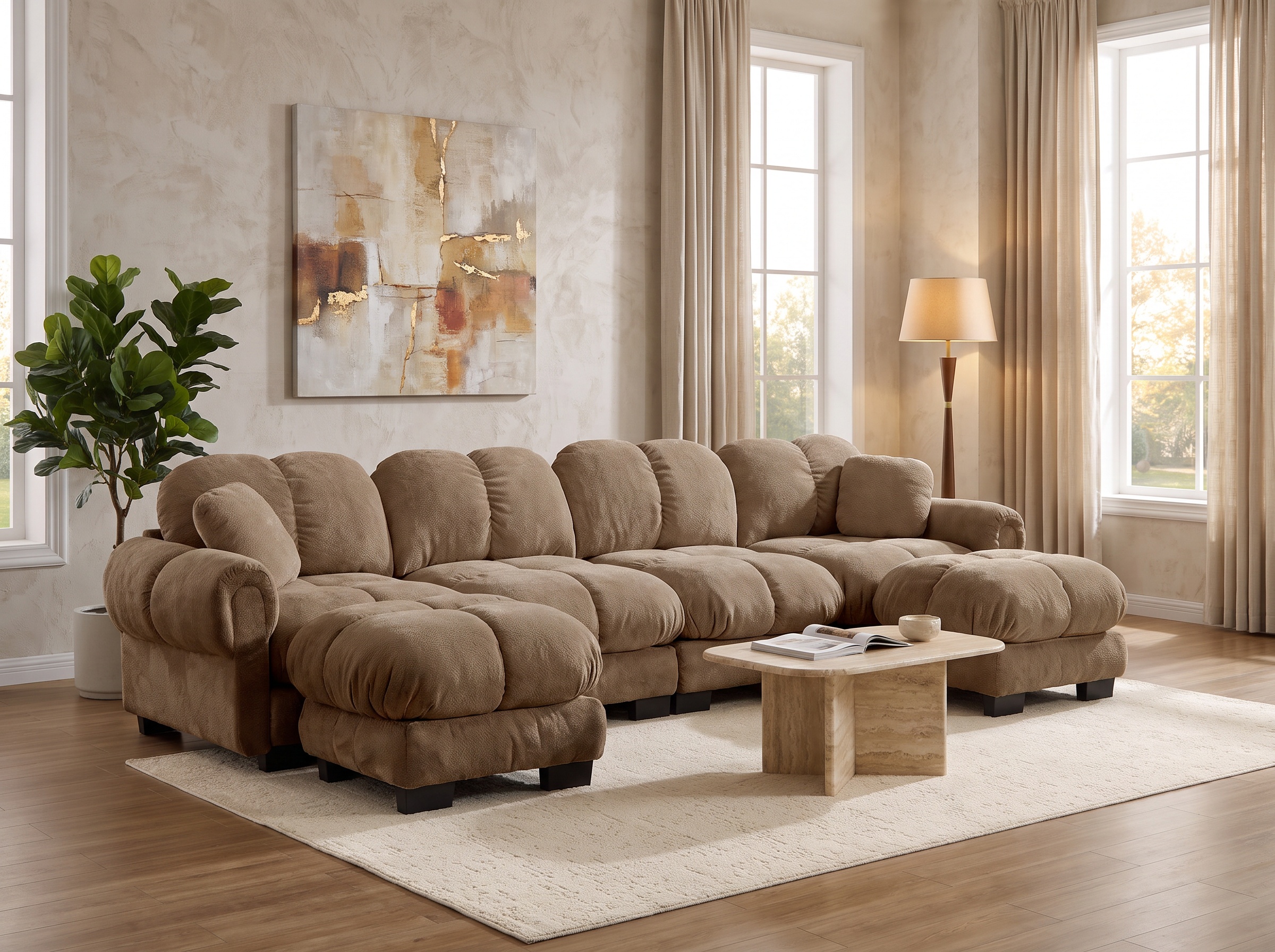 PRINCE 131-inch sofa with 2 ottomans in Chenille Almond Brown, styled living room
