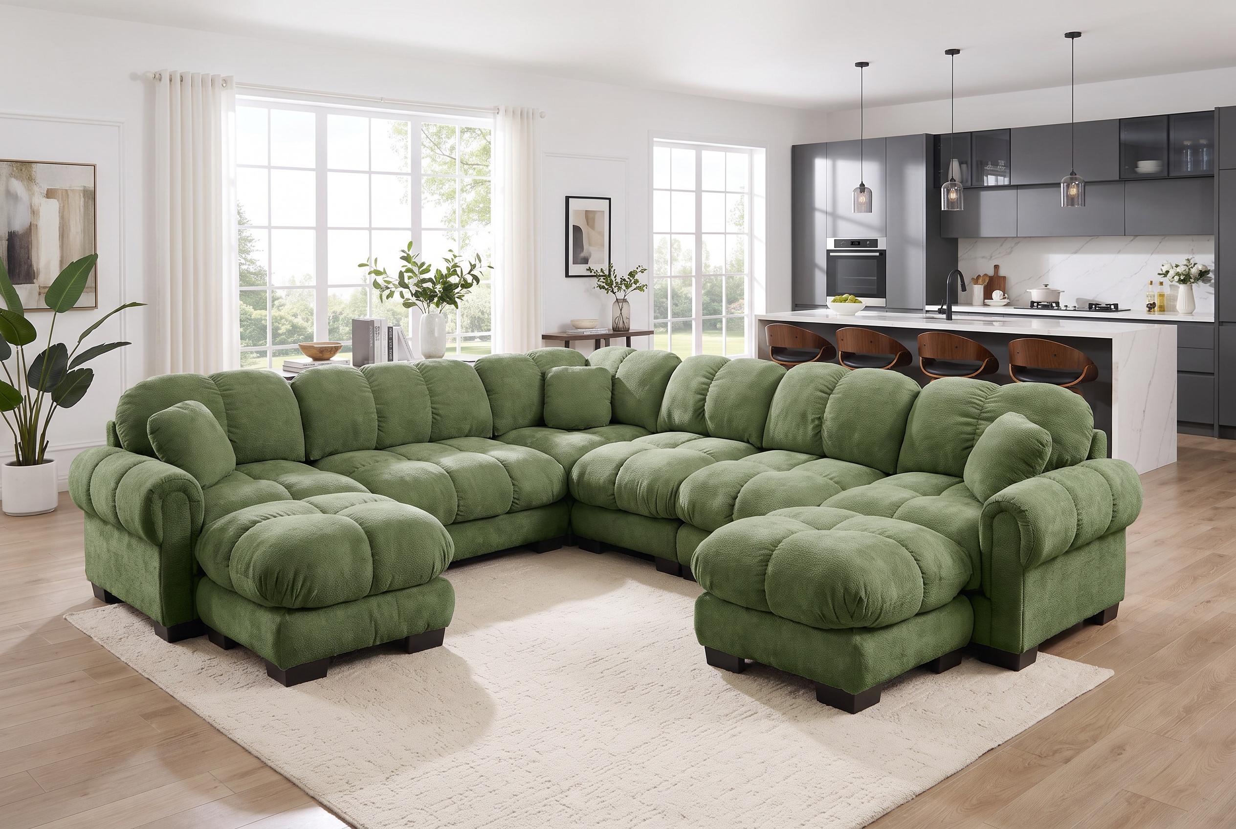 PRINCE 131-inch with 2 ottomans floated in an open-concept room with the kitchen behind, Willow Green