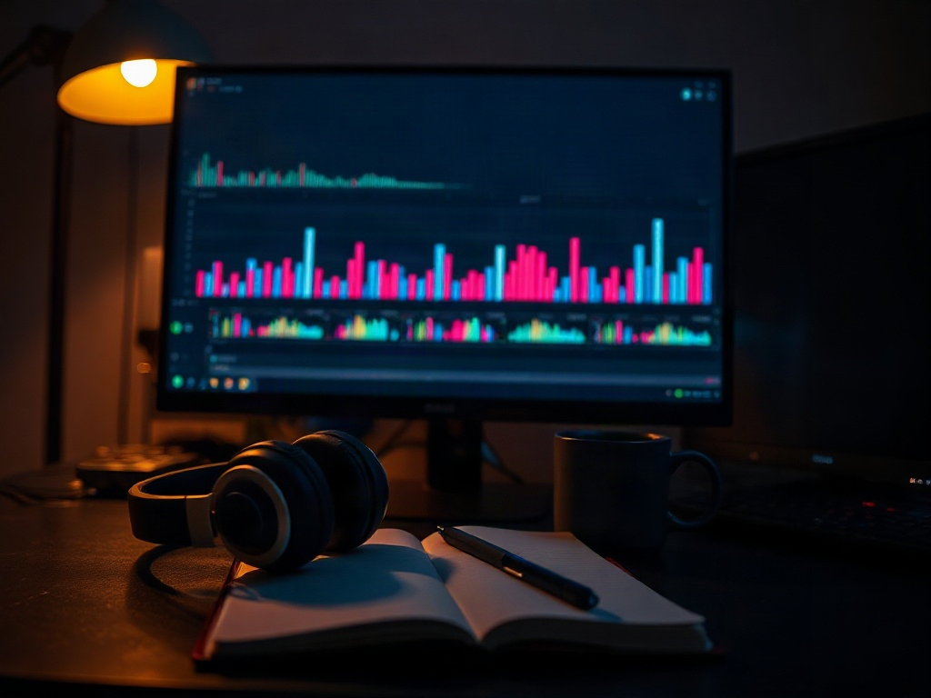 A dark night-time editing desk lit by a monitor showing an abstract video timeline, with studio headphones resting on a closed notebook and a plain dark mug beside it