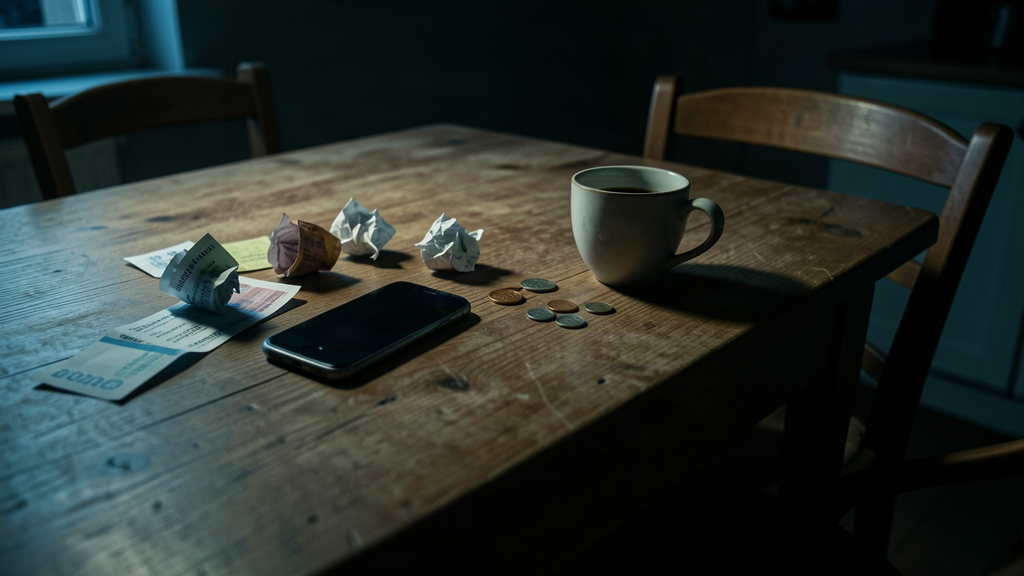 Tavolo di cucina di notte con smartphone, scontrini e poche monete