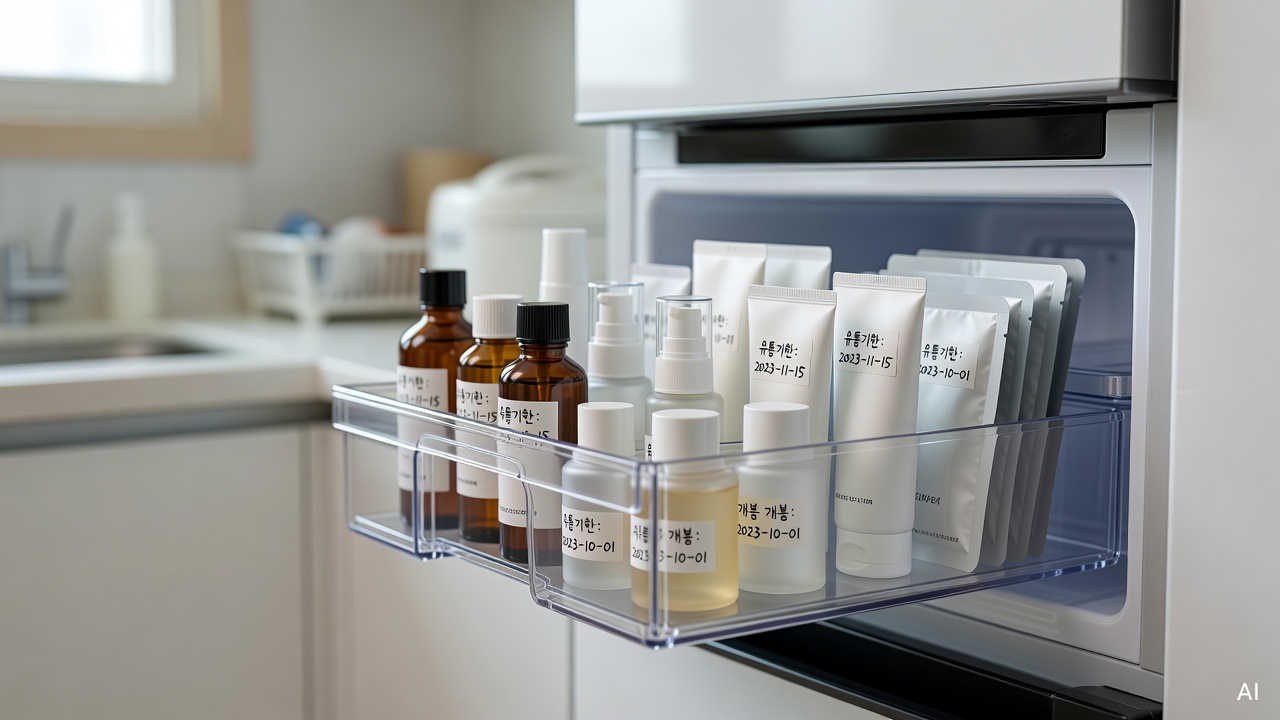 skincare products stored neatly in a refrigerator drawer with handwritten date labels on each bottle