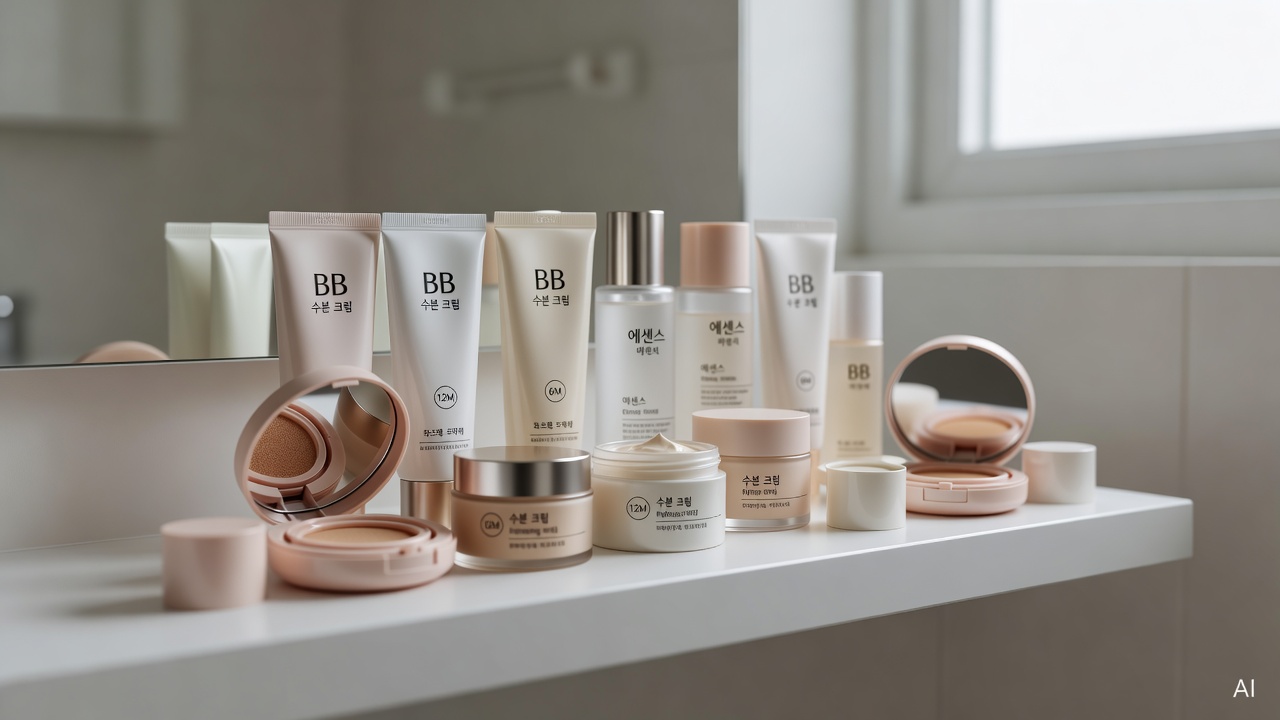 various opened skincare and cosmetic products arranged on a white bathroom shelf, showing PAO symbols on the packaging