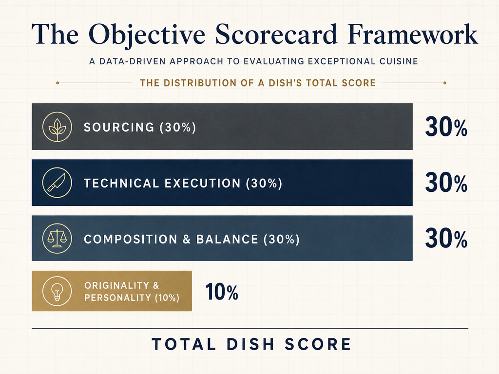 A horizontal bar chart titled The Objective Scorecard Framework showing the weighting for sourcing, execution, balance, and originality in food rating.