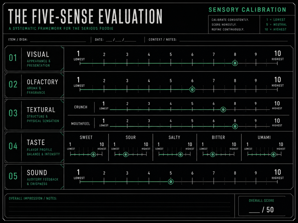 A technical sensory matrix for food evaluation including visual, olfactory, textural, taste, and sound scales for objective dining analysis.